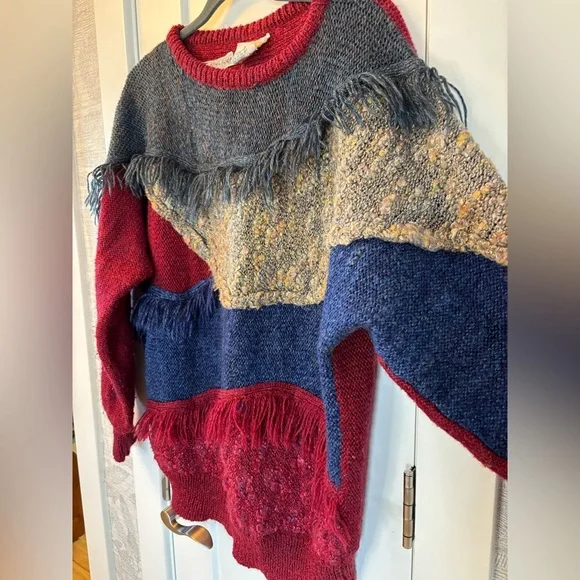 Unique vintage 90s multi-coloured sweater with fringe detail sz Womens Large - Picture 3 of 11
